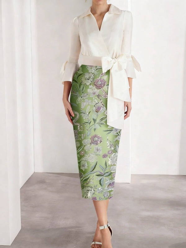 Sheath/Column V-Neck Satin Mother Of The Bride Dresses 3/4 Sleeves Shirt Collar Tea-Length Cocktail Dresses BabaMila