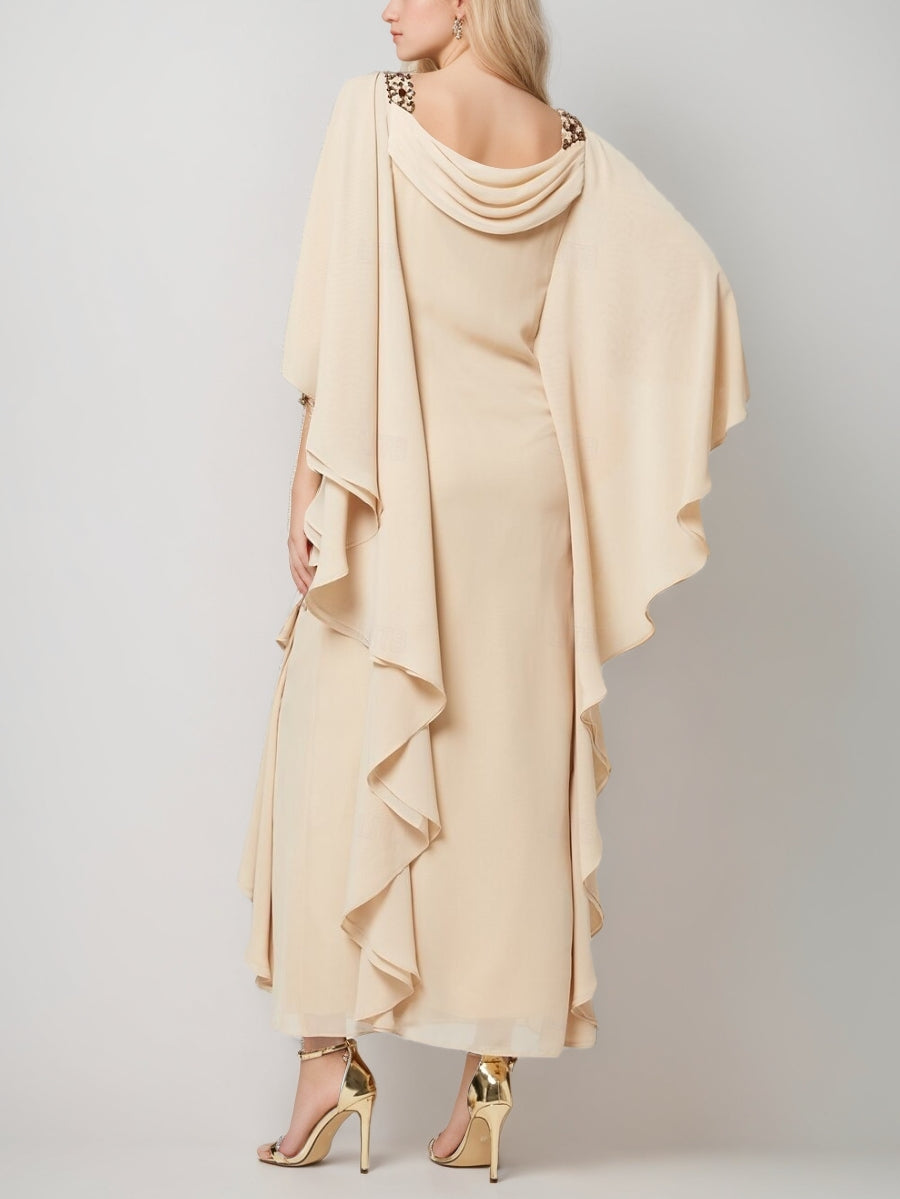 Sheath/Column Cowl Neck Chiffon Mother Of The Bride Dresses Cape Sleeves Ankle-Length Beading Ruffles BabaMila