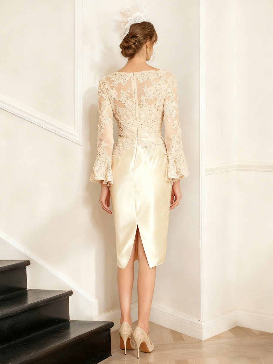 Sheath/Column Satin Scoop Mother Of The Bride Dresses Lace Long Sleeves Knee-Length Cocktail Dresses BabaMila