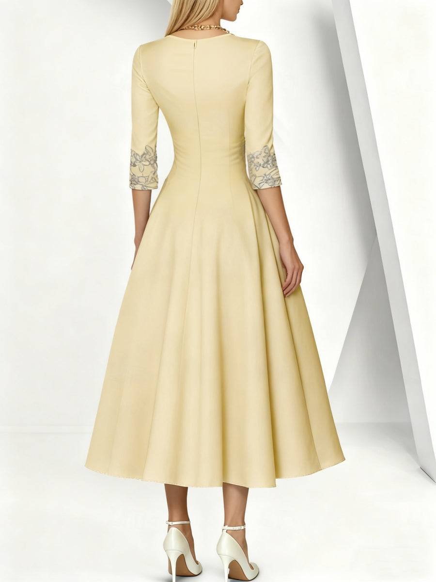 A-Line/Princess V-Neck Satin Mother Of The Bride Dresses 3/4 Sleeves Pleated Lace Tea-Length BabaMila