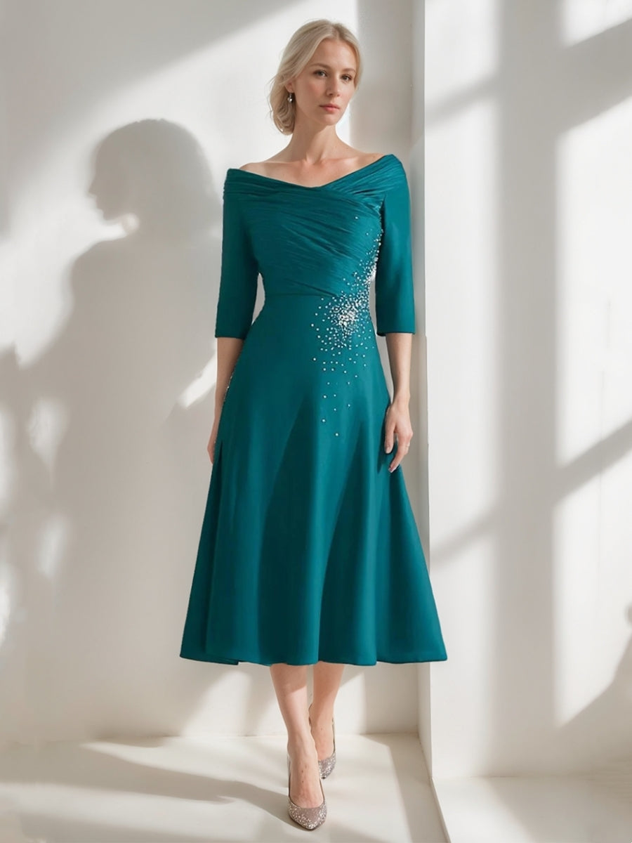 A-Line/Princess Off-The-Shoulder Satin Mother Of The Bride Dresses Beading Ruched 3/4 Sleeves Tea-Length Cocktail Dress BabaMila