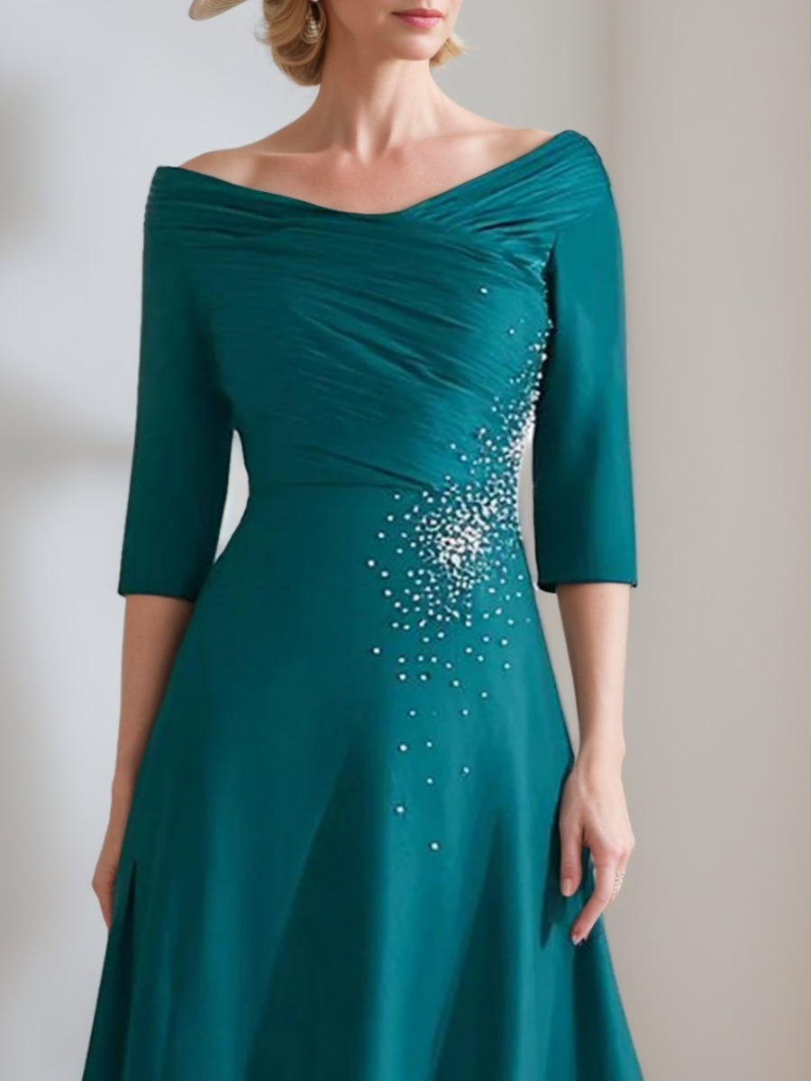 A-Line/Princess Off-The-Shoulder Satin Mother Of The Bride Dresses Beading Ruched 3/4 Sleeves Tea-Length Cocktail Dress BabaMila