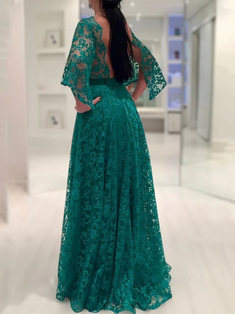A-Line/Princess Lace Bateau Mother Of The Bride Dresses Long Sleeves Floor-Length Backless BabaMila