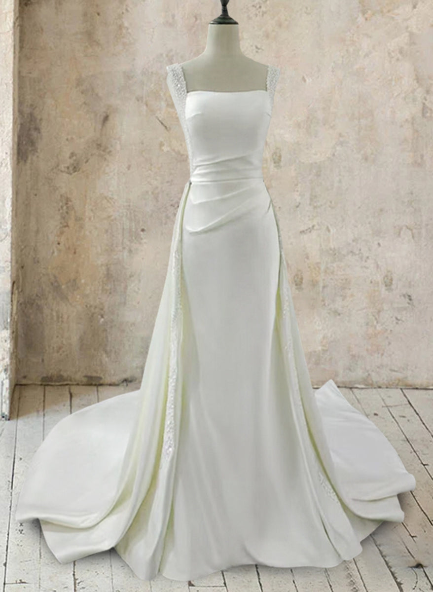 Trumpet/Mermaid White Square Neck Sleeveless Wedding Dresses with Appliques & Beadings BabaMila