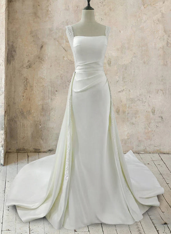 Trumpet/Mermaid White Square Neck Sleeveless Wedding Dresses with Appliques & Beadings BabaMila