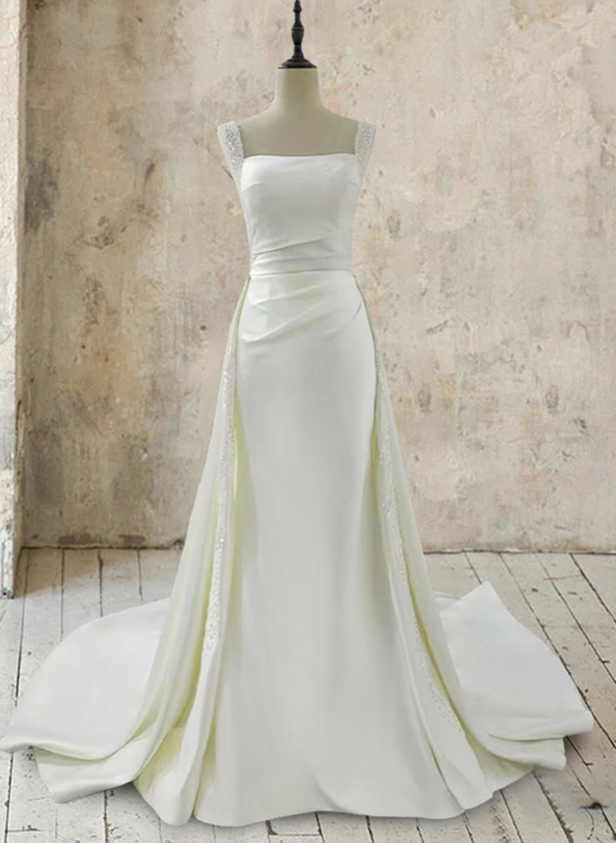 Trumpet/Mermaid White Square Neck Sleeveless Wedding Dresses with Appliques & Beadings BabaMila