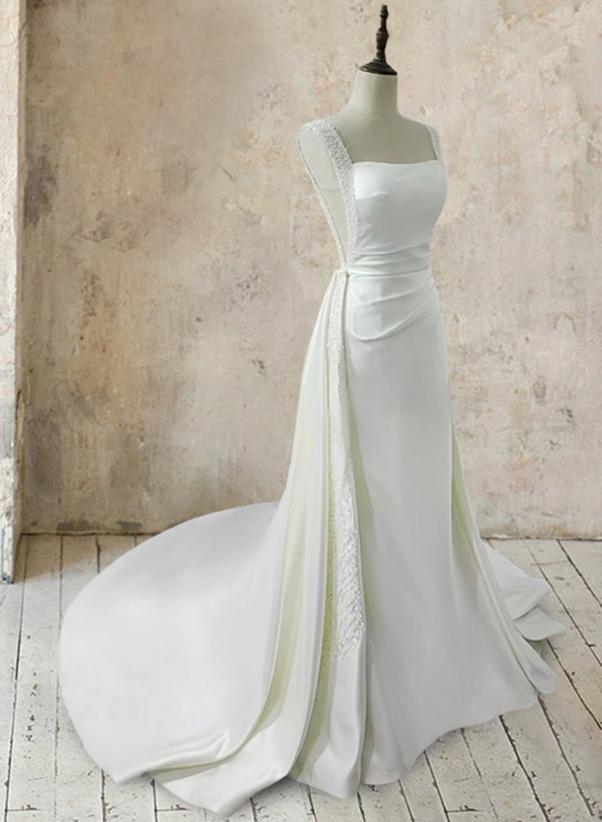 Trumpet/Mermaid White Square Neck Sleeveless Wedding Dresses with Appliques & Beadings BabaMila