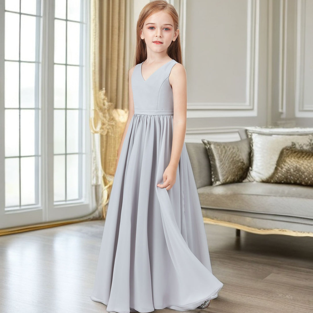 Simple A-Line V-Neck Sleeveless Floor-Length Chiffon Junior Bridesmaid Dress/Girls Birthday Dresses With Belt Girls Gidiondress