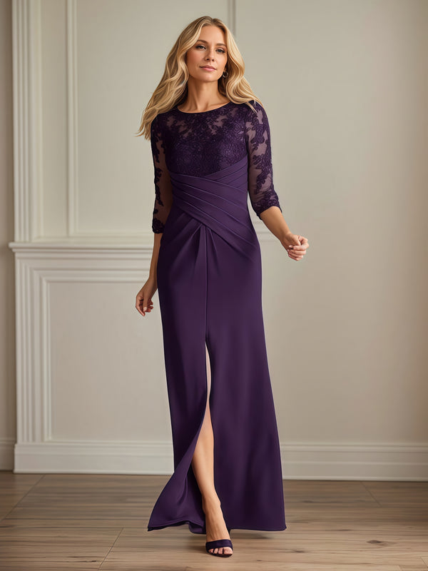 Sheath Boat Neck 3/4 Sleeve Floor-Length Lace/Satin Mother of the Bride Dress With Pleated BabaMila