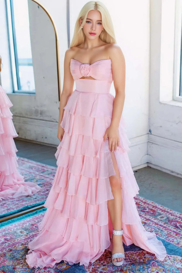 A-Line Strapless V-Neck Layered Chiffon Sleeveless Formal Prom Dress BabaMila
