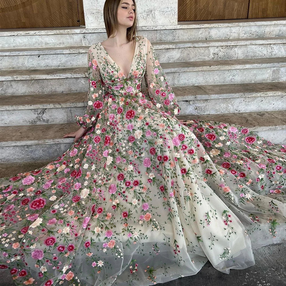 A-Line/Princess V-Neck Long Sleeves Floral Formal Champagne Party Dresses With Flowers BabaMila