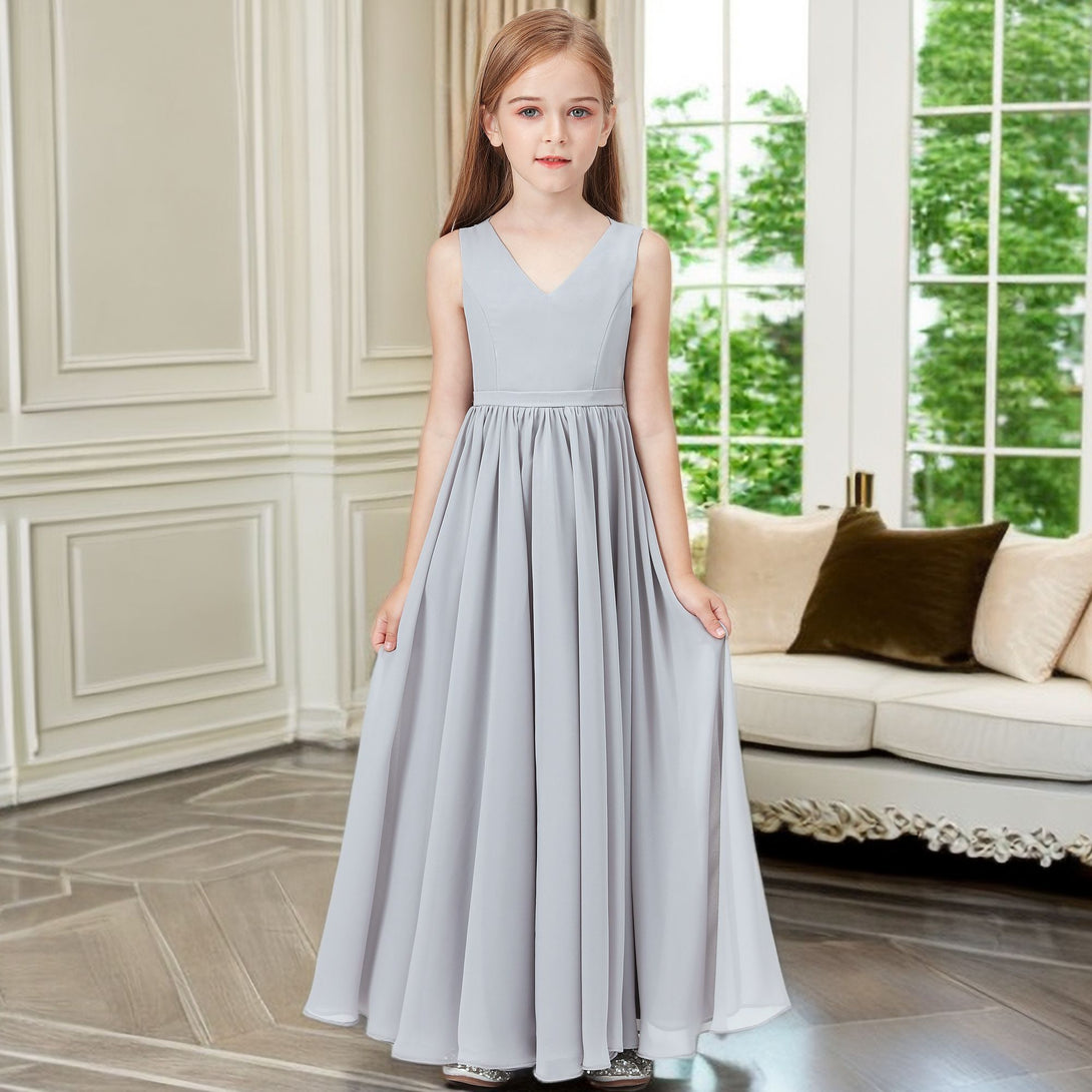 Simple A-Line V-Neck Sleeveless Floor-Length Chiffon Junior Bridesmaid Dress/Girls Birthday Dresses With Belt Girls Gidiondress