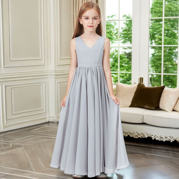 Simple A-Line V-Neck Sleeveless Floor-Length Chiffon Junior Bridesmaid Dress/Girls Birthday Dresses With Belt Girls Gidiondress