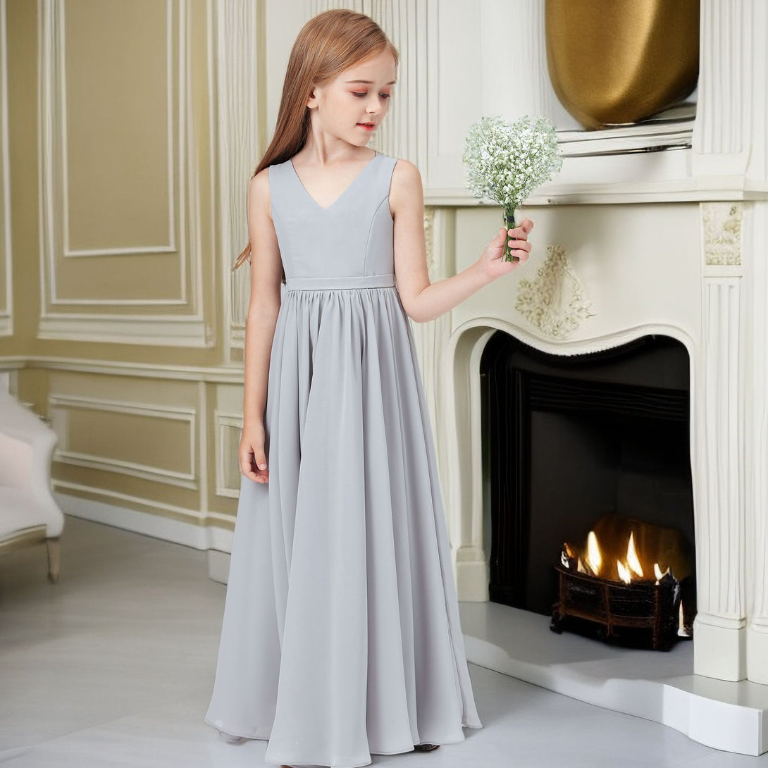 Simple A-Line V-Neck Sleeveless Floor-Length Chiffon Junior Bridesmaid Dress/Girls Birthday Dresses With Belt Girls Gidiondress