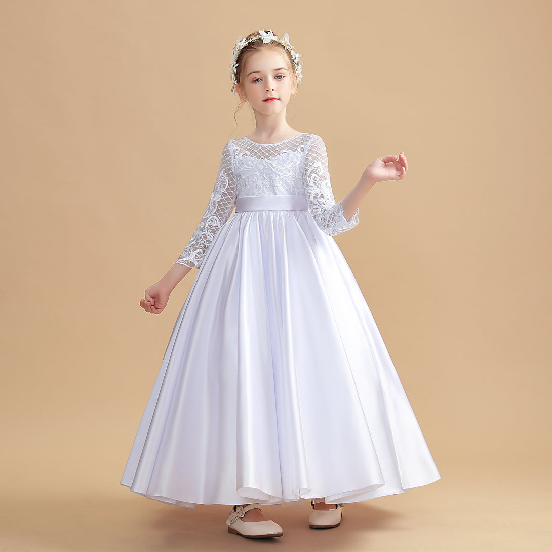 Ball Gown Long Sleeve Scoop Neck Floor-Length Tulle/Satin/Lace Flower Girl Dresses/First Communion Dress With Appliques/Belt Girls Gidiondress