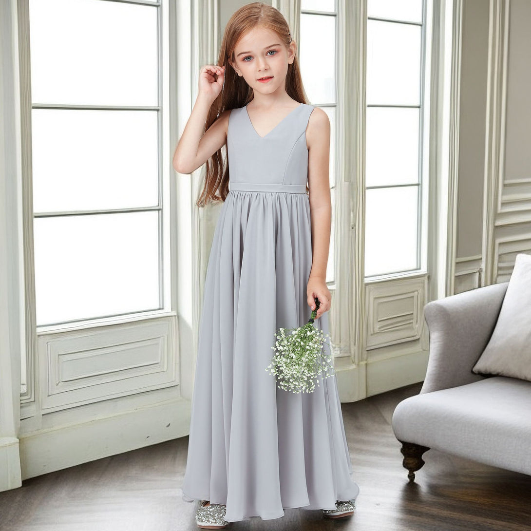 Simple A-Line V-Neck Sleeveless Floor-Length Chiffon Junior Bridesmaid Dress/Girls Birthday Dresses With Belt Girls Gidiondress