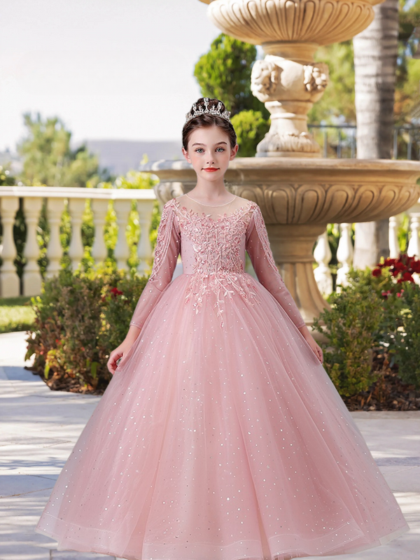 Exquisite Scoop Neck Long Sleeve Flower Girl Dress Floor-Length Lace/Printed Tulle Ball Gown/Princess With Beads/Appliques Girls Gidiondress