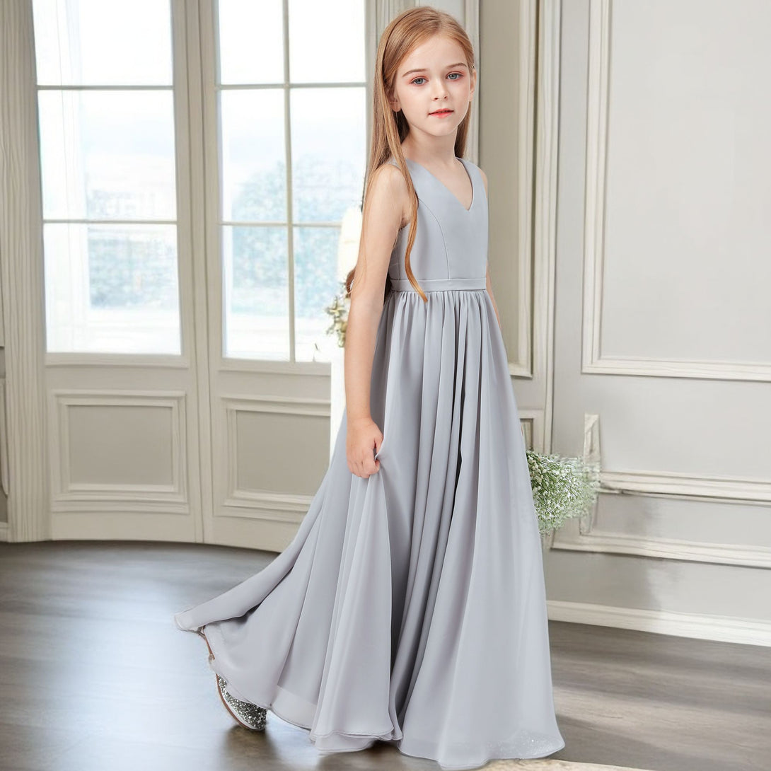 Simple A-Line V-Neck Sleeveless Floor-Length Chiffon Junior Bridesmaid Dress/Girls Birthday Dresses With Belt Girls Gidiondress