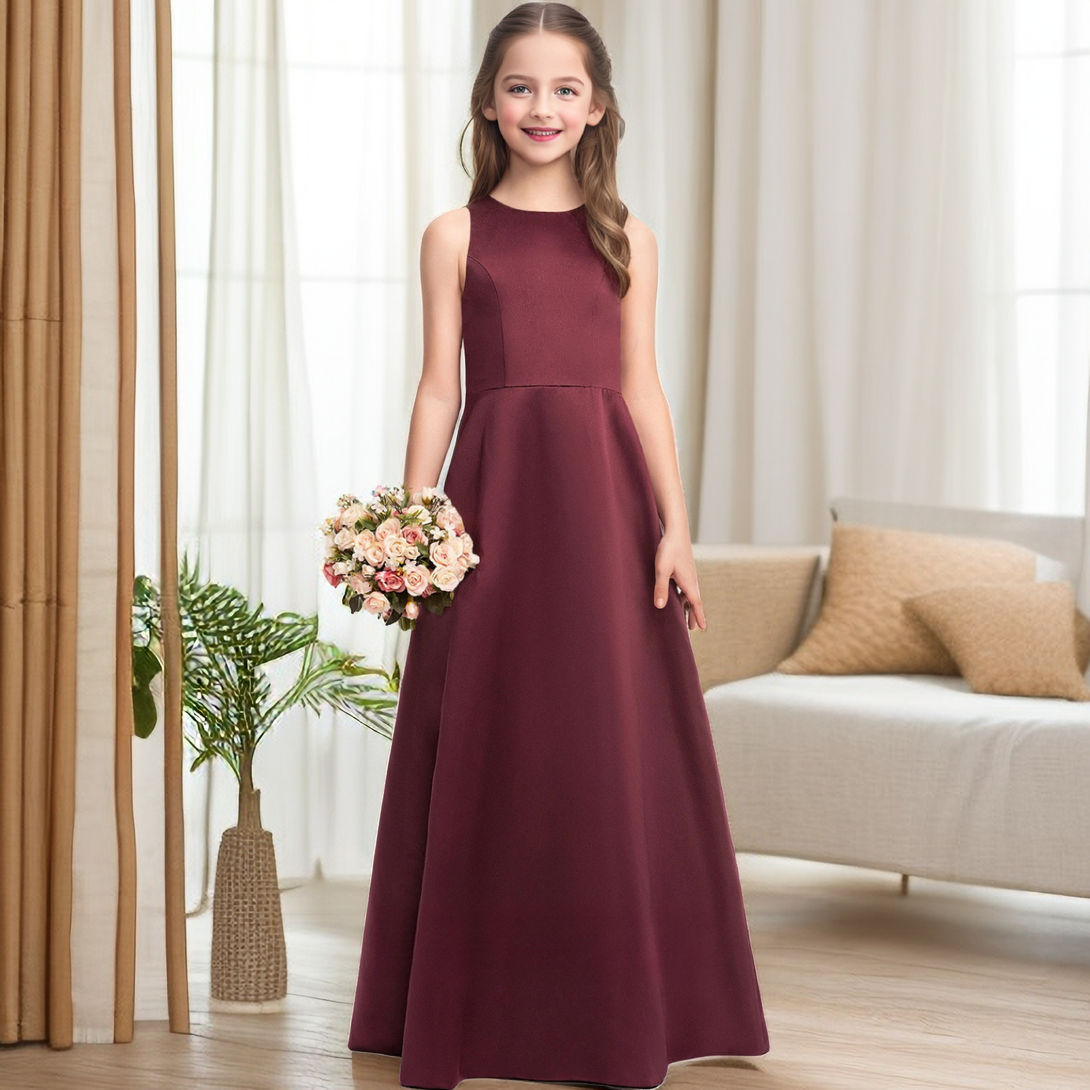 A-Line Sleeveless Scoop Neck Simple Floor-Length Satin Junior Bridesmaid Dress/Girls Birthday Dresses Girls Gidiondress