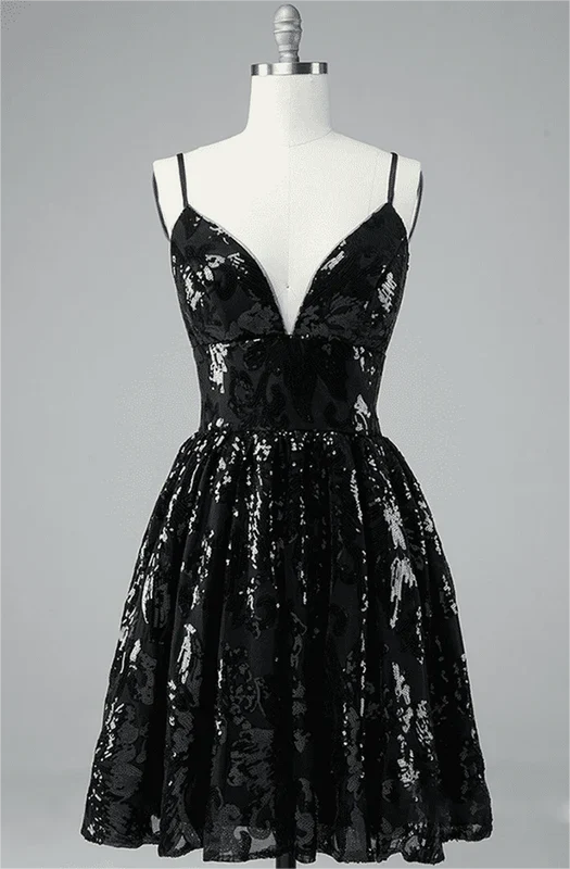 A-line V Neck Lace-up Back Sequins-embroidered Mini Dress Homecoming Dress BabaMila
