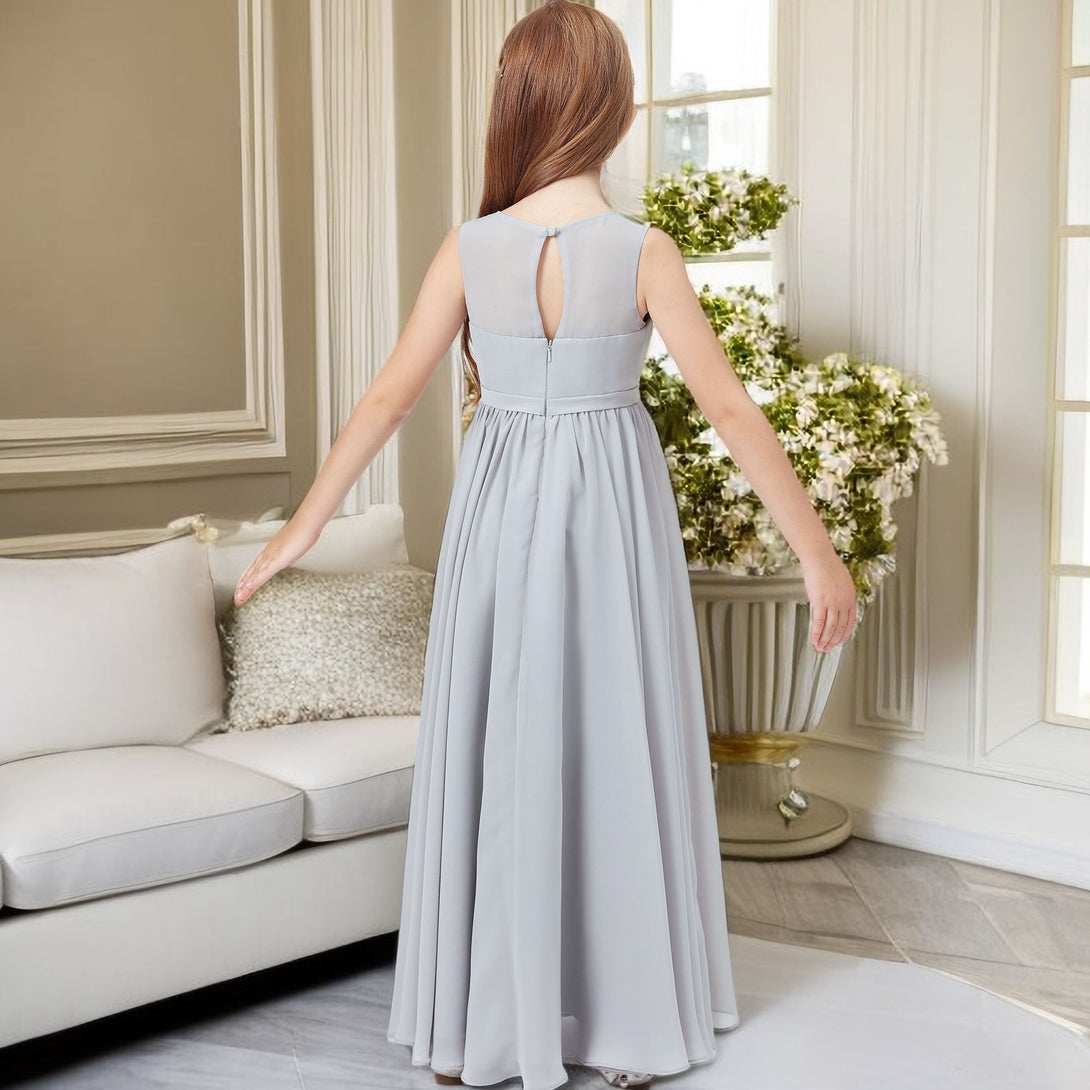 Simple A-Line V-Neck Sleeveless Floor-Length Chiffon Junior Bridesmaid Dress/Girls Birthday Dresses With Belt Girls Gidiondress