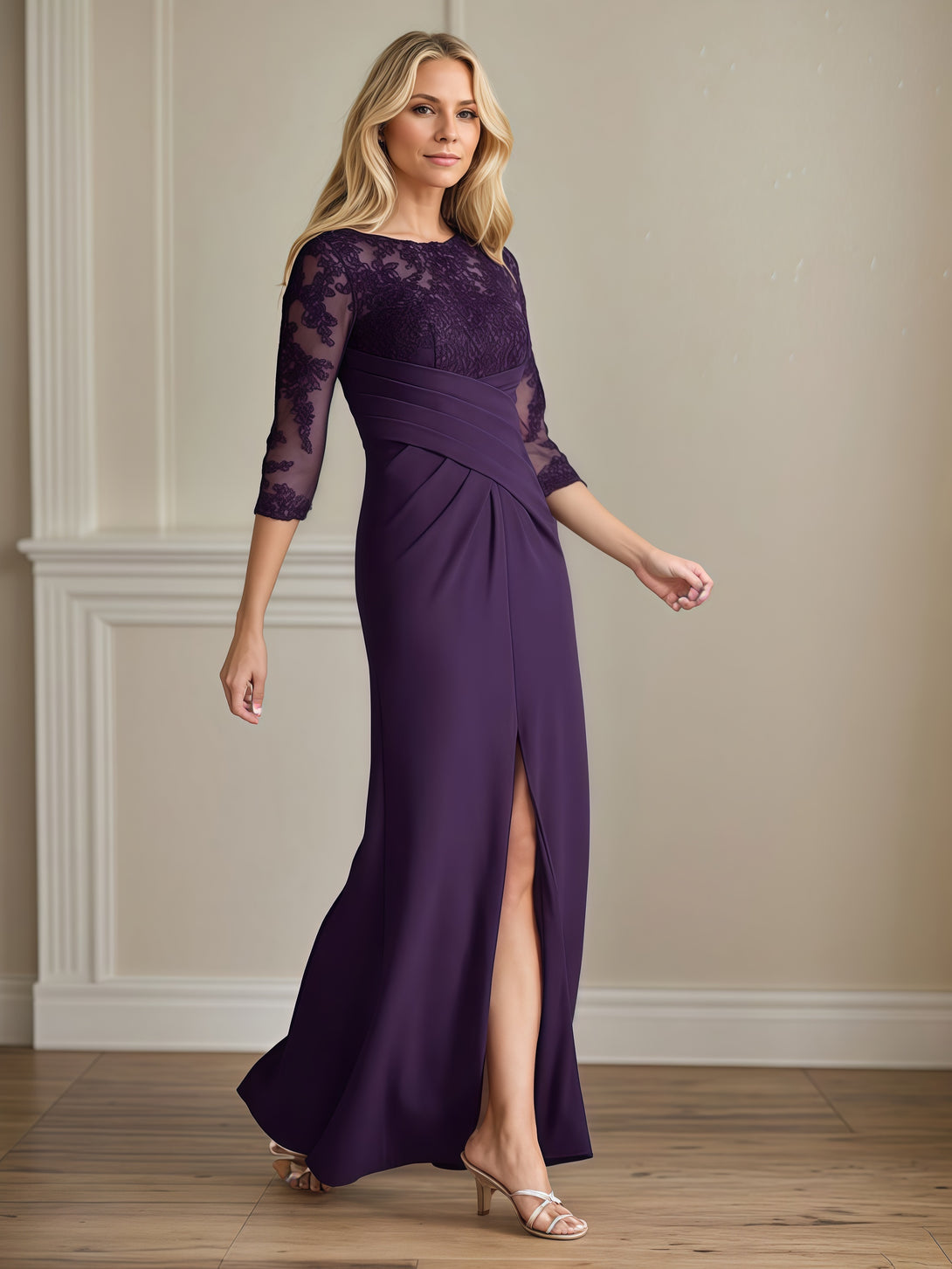 Sheath Boat Neck 3/4 Sleeve Floor-Length Lace/Satin Mother of the Bride Dress With Pleated BabaMila