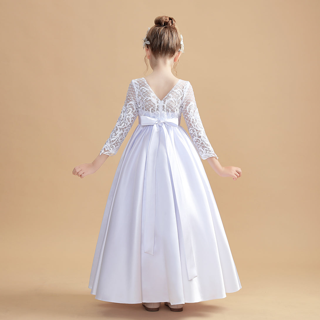 Ball Gown Long Sleeve Scoop Neck Floor-Length Tulle/Satin/Lace Flower Girl Dresses/First Communion Dress With Appliques/Belt Girls Gidiondress