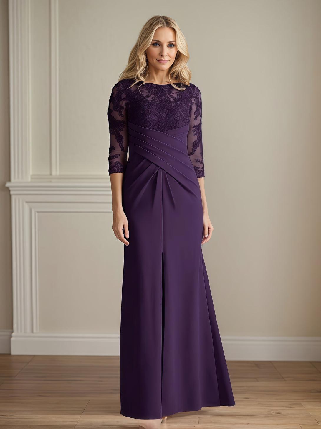 Sheath Boat Neck 3/4 Sleeve Floor-Length Lace/Satin Mother of the Bride Dress With Pleated BabaMila