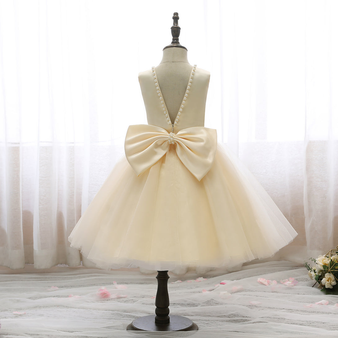 Boat Neck Sleeveless Knee-Length Satin/Tulle Holiday＆Christmas Dresses With Beads/Bow Girls Gidiondress