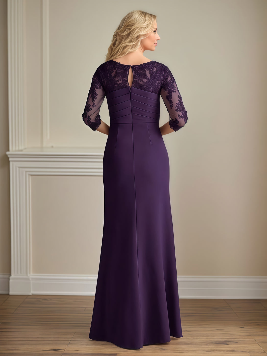 Sheath Boat Neck 3/4 Sleeve Floor-Length Lace/Satin Mother of the Bride Dress With Pleated BabaMila