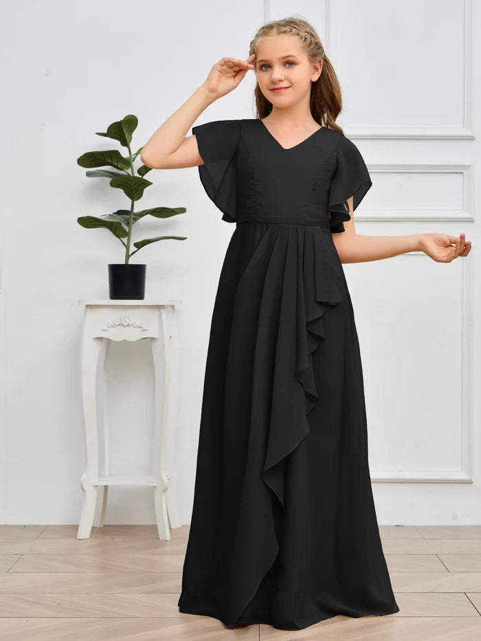 V-Neck Flutter straps Floor-Length Chiffon Junior Bridesmaid Dress/Girls Birthday Dresses Girls Gidiondress