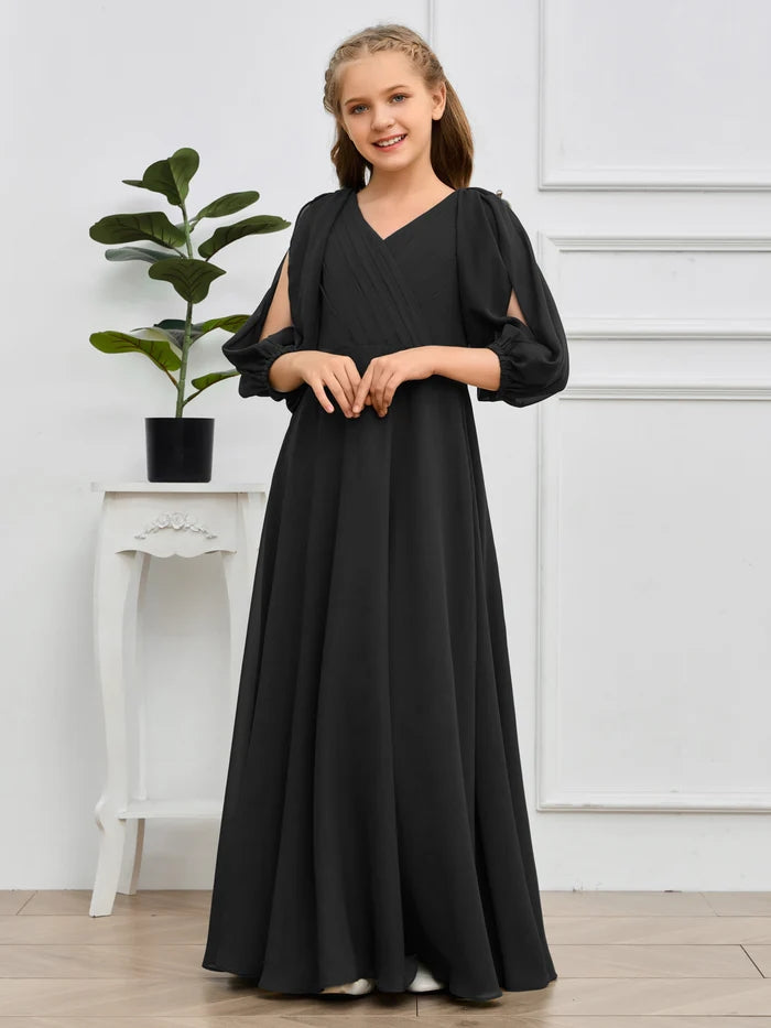 A-line V-Neck Floor-Length Chiffon Junior Bridesmaid Dresses Girls Gidiondress