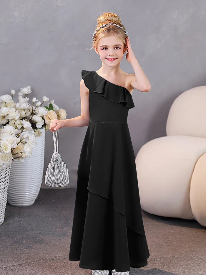 Girls Birthday Dresses One-Shoulder Sleeveless Chiffon Floor-Length Graceful Junior Bridesmaid Dress/Party Dresses With Ruffled Hem Girls Gidiondress