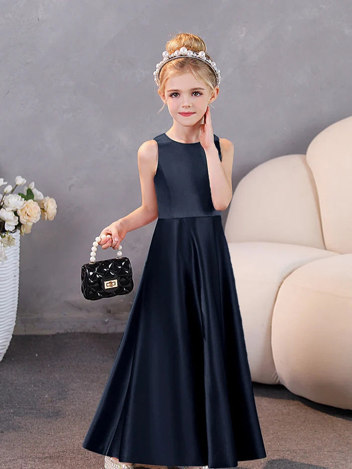 Girls Birthday Dresses Simple Sleeveless Satin Floor-Length Junior Bridesmaid Dress Girls Gidiondress Black 12M
