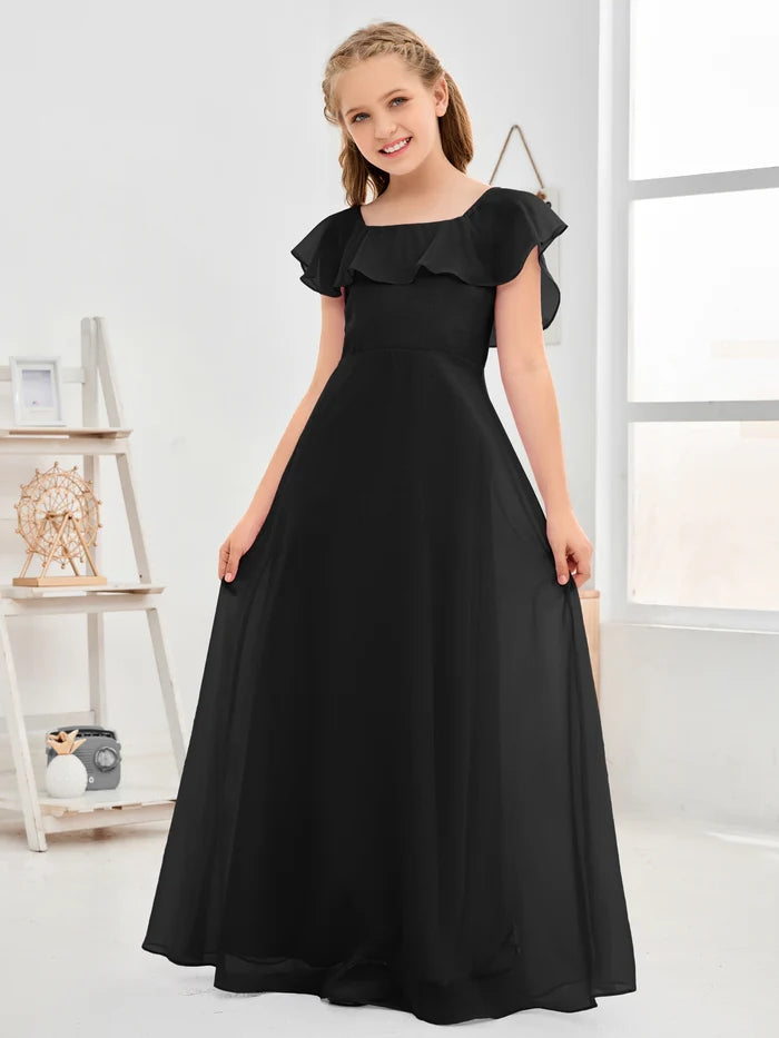 A-Line Square Flutter straps Simple Floor-Length Lilac Chiffon Junior Bridesmaid Dress/Girls Birthday Dresses Girls Gidiondress