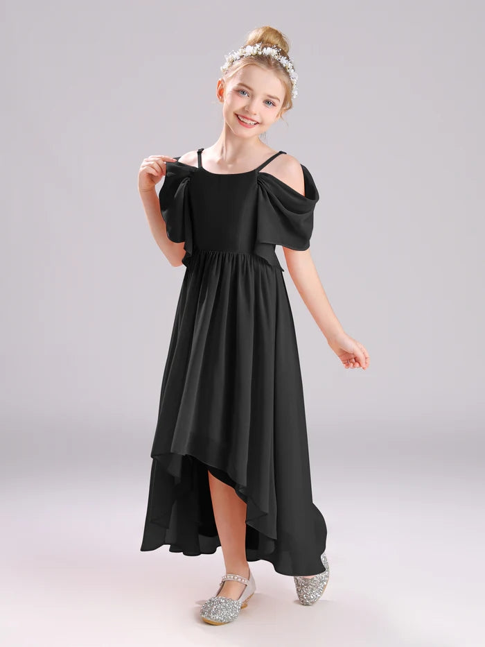 Girls Birthday Dresses Cold Shoulder Flutter Straps Chiffon Asymmetrical Junior Bridesmaid Dress/Party Dresses With Pleated Girls Gidiondress