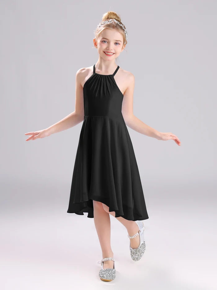 Girls Birthday Dresses Halter Spaghetti Straps Chiffon Asymmetrical Knee-Length Junior Bridesmaid Dress/Party Dresses With Pleated Girls Gidiondress