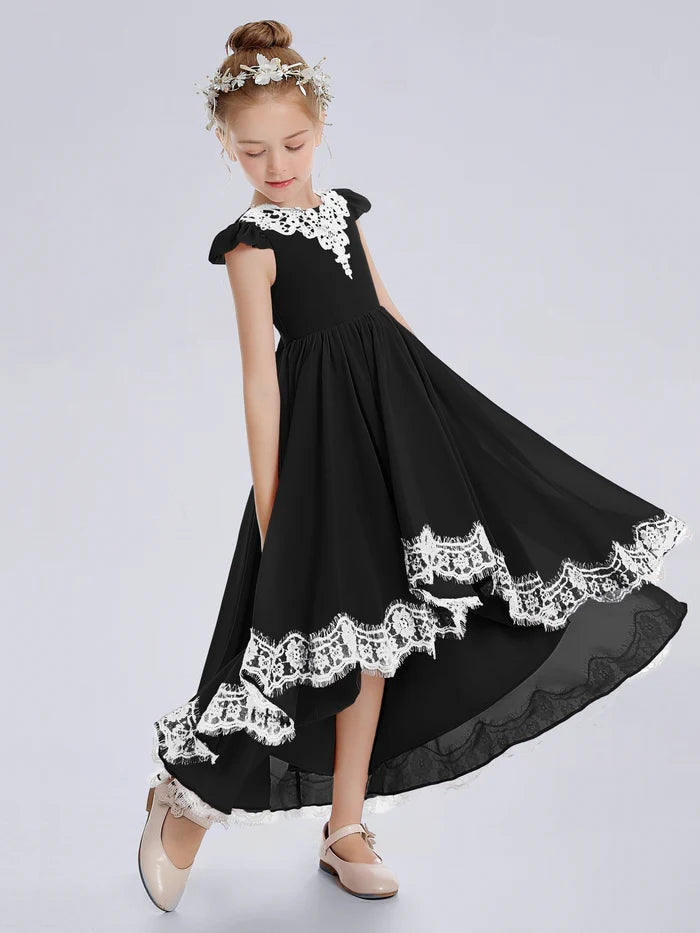 Asymmetrical Cap Sleeve Scoop Neck Cute Ankel-Length Lace/Chiffon Junior Bridesmaid Dress With Appliques Girls Gidiondress
