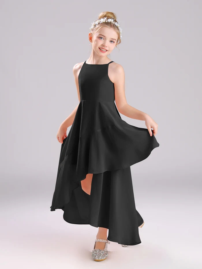 Girls Birthday Dresses Simple Boat Neck Spaghetti Straps Chiffon Asymmetrical Junior Bridesmaid Dress/Party Dresses With Ruffled Hem Girls Gidiondress