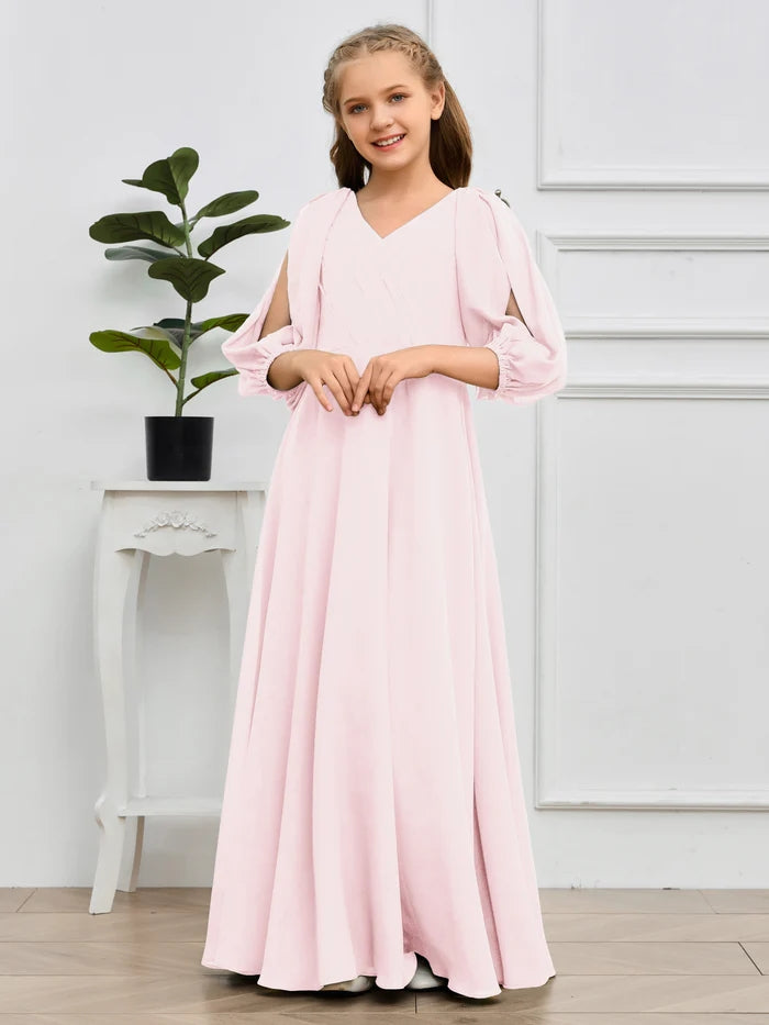 A-line V-Neck Floor-Length Chiffon Junior Bridesmaid Dresses Girls Gidiondress