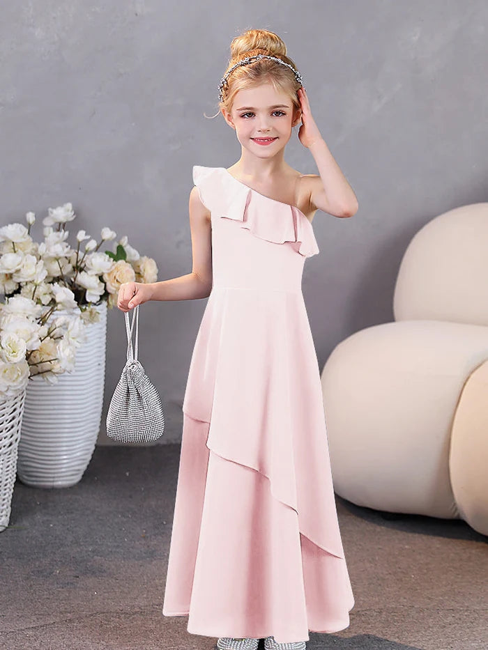 Girls Birthday Dresses One-Shoulder Sleeveless Chiffon Floor-Length Graceful Junior Bridesmaid Dress/Party Dresses With Ruffled Hem Girls Gidiondress