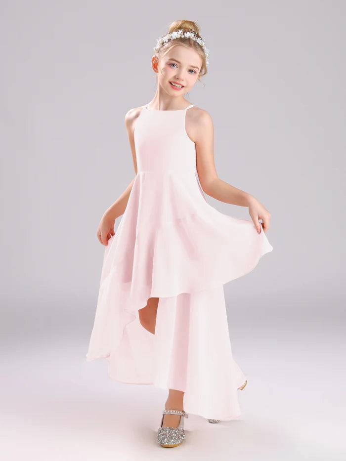 Girls Birthday Dresses Simple Boat Neck Spaghetti Straps Chiffon Asymmetrical Junior Bridesmaid Dress/Party Dresses With Ruffled Hem Girls Gidiondress