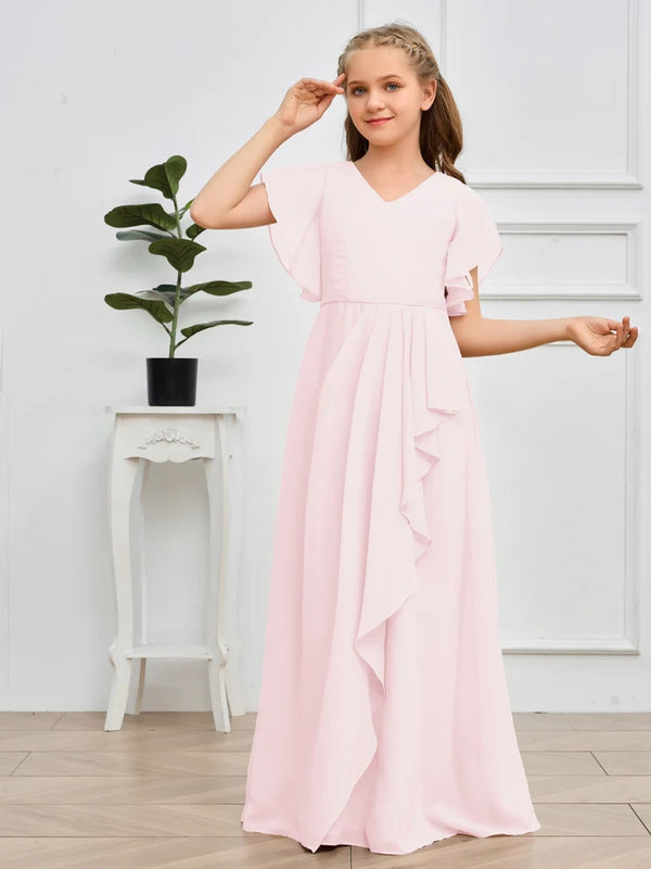 V-Neck Flutter straps Floor-Length Chiffon Junior Bridesmaid Dress/Girls Birthday Dresses Girls Gidiondress