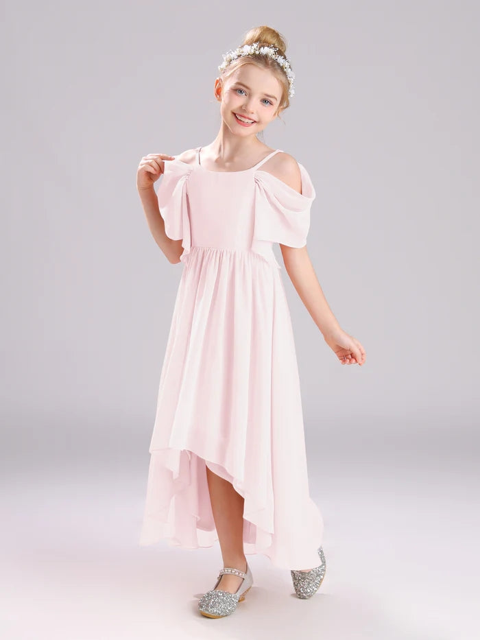 Girls Birthday Dresses Cold Shoulder Flutter Straps Chiffon Asymmetrical Junior Bridesmaid Dress/Party Dresses With Pleated Girls Gidiondress