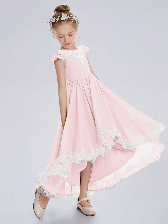 Asymmetrical Cap Sleeve Scoop Neck Cute Ankel-Length Lace/Chiffon Junior Bridesmaid Dress With Appliques Girls Gidiondress Blushing Pink 12M