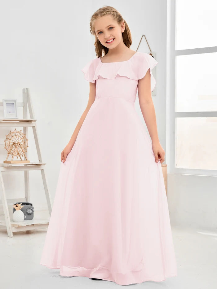 A-Line Square Flutter straps Simple Floor-Length Lilac Chiffon Junior Bridesmaid Dress/Girls Birthday Dresses Girls Gidiondress