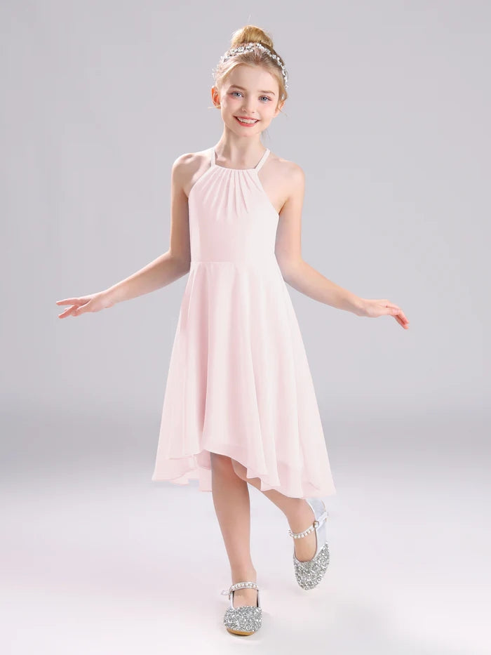 Girls Birthday Dresses Halter Spaghetti Straps Chiffon Asymmetrical Knee-Length Junior Bridesmaid Dress/Party Dresses With Pleated Girls Gidiondress