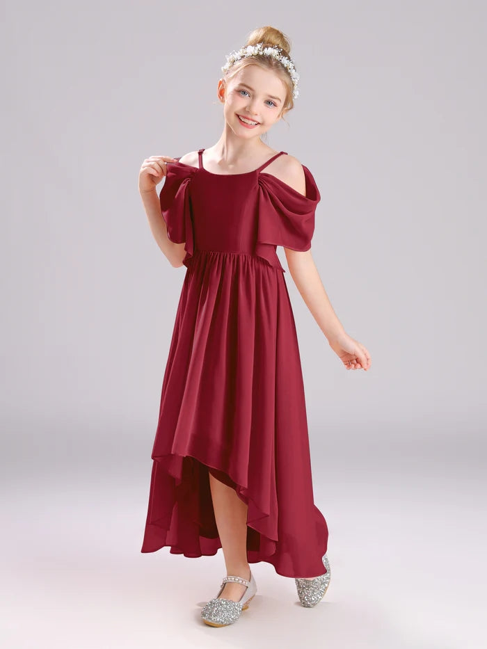Girls Birthday Dresses Cold Shoulder Flutter Straps Chiffon Asymmetrical Junior Bridesmaid Dress/Party Dresses With Pleated Girls Gidiondress