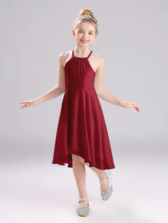 Girls Birthday Dresses Halter Spaghetti Straps Chiffon Asymmetrical Knee-Length Junior Bridesmaid Dress/Party Dresses With Pleated Girls Gidiondress