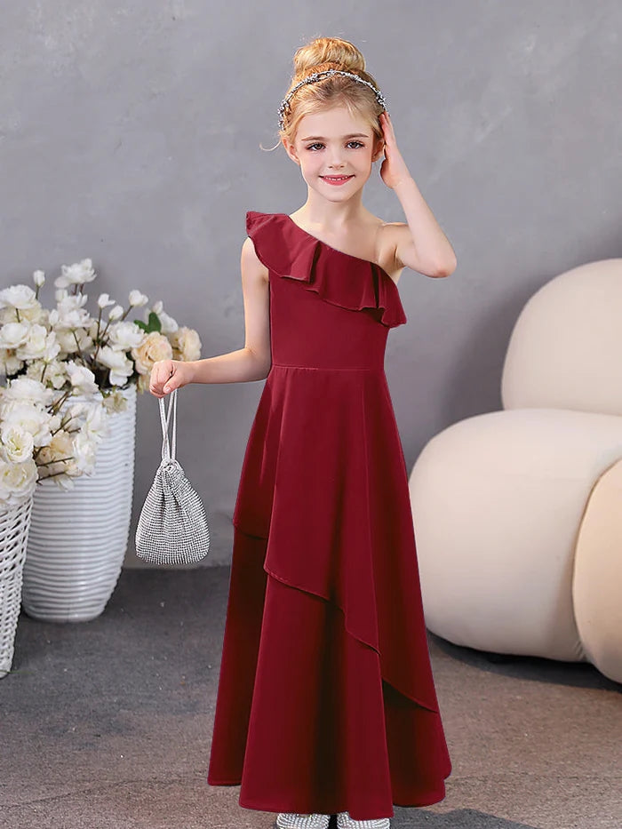 Girls Birthday Dresses One-Shoulder Sleeveless Chiffon Floor-Length Graceful Junior Bridesmaid Dress/Party Dresses With Ruffled Hem Girls Gidiondress